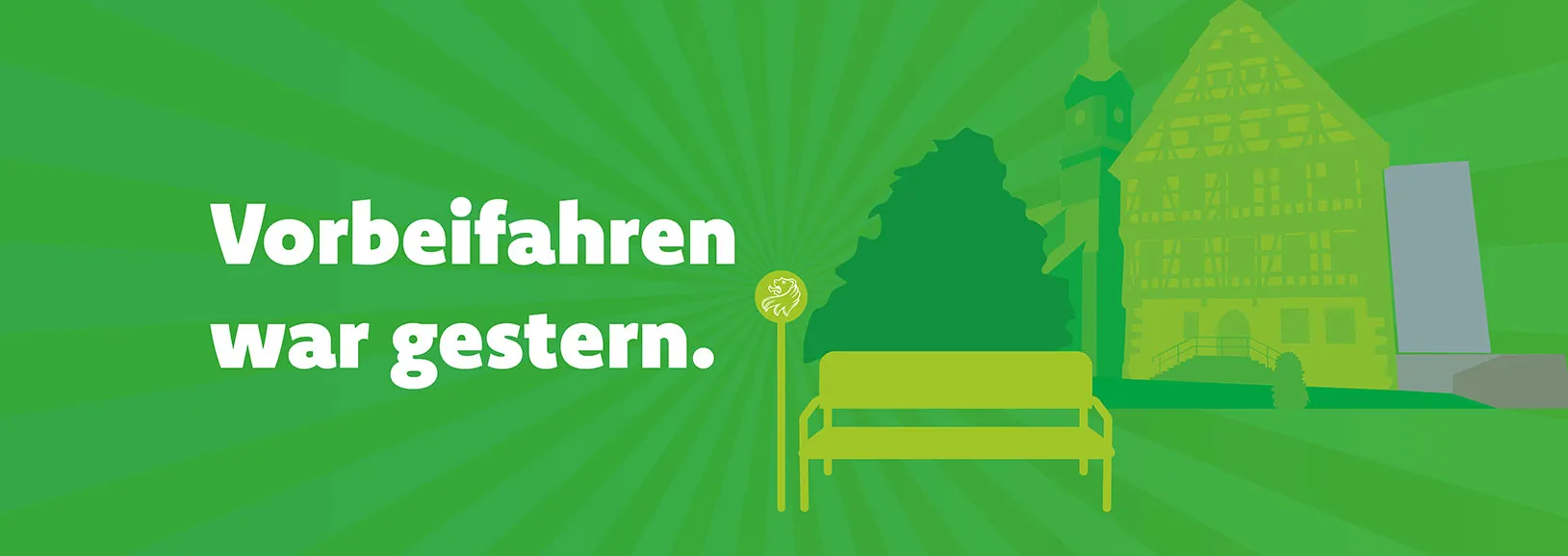 Nimm mi mit Bänkle – Kommunikationsdesign für nachhaltige Mobilität Kampagnenmotiv der Aktion „Nimm mi mit Bänkle“ zur Förderung nachhaltiger Mobilität im ländlichen Raum. Zu sehen sind eine Mitfahrbank, eine Ortssilhouette und der Slogan „Vorbeifahren war gestern“.